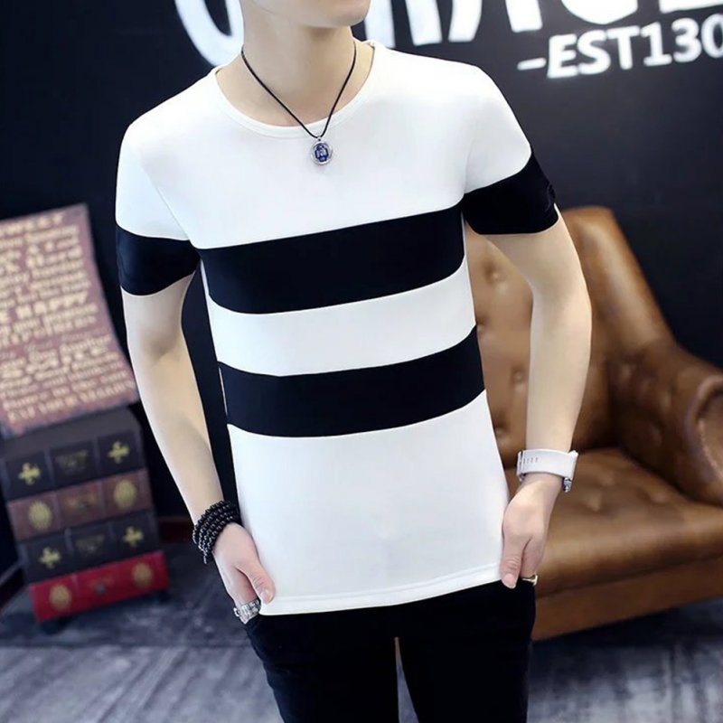 Men Short Sleeve T-shirt Round Collar Stripes Pattern Casual Tops  white_XXL (72.5 kg)