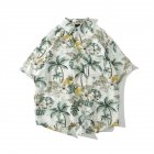 Men Short Sleeves Lapel T-shirt Summer Hawaiian Printing Casual Loose Cardigan Tops White M