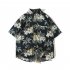 Men Short Sleeves Lapel T shirt Summer Hawaiian Printing Casual Loose Cardigan Tops blue L