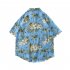 Men Short Sleeves Lapel T shirt Summer Hawaiian Printing Casual Loose Cardigan Tops blue L