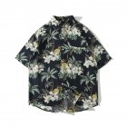 Men Short Sleeves Lapel T-shirt Summer Hawaiian Printing Casual Loose Cardigan Tops black L