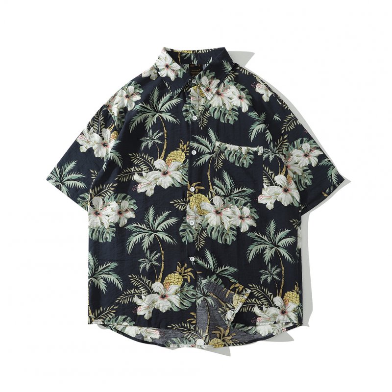 Men Short Sleeves Lapel T-shirt Summer Hawaiian Printing Casual Loose Cardigan Tops black XL