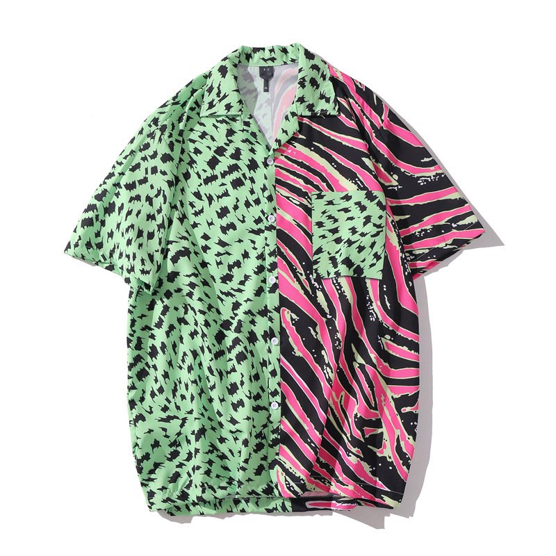 Men Short Sleeves Lapel T-shirt Trendy Hawaiian Printing Cardigan Tops Loose Casual Beach Shirt