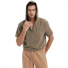 Men Short Sleeves Loose T-shirt Summer Cotton Linen Drawstring Hooded Tops Solid Color Casual Pullover Shirt Khaki M