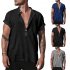 Men Short Sleeves T shirt Trendy Stand Collar Large Size Casual Linen Tops Simple Solid Color Pullover Shirt black M