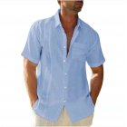 Men Short Sleeves T-shirt Fashion Classic Lapel Single-breasted Cardigan Tops Cotton Linen Casual Shirt light blue M