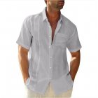 Men Short Sleeves T-shirt Fashion Classic Lapel Single-breasted Cardigan Tops Cotton Linen Casual Shirt grey M