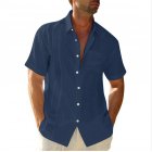 Men Short Sleeves T-shirt Fashion Classic Lapel Single-breasted Cardigan Tops Cotton Linen Casual Shirt Navy blue M