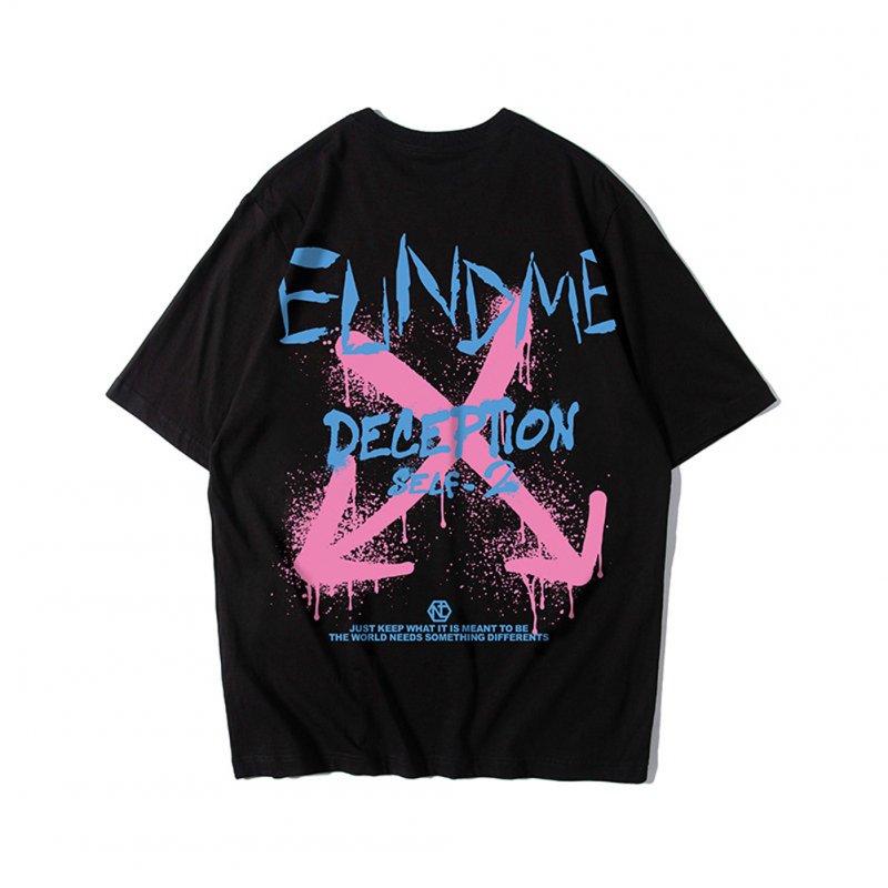 Men Short Sleeves T-shirt Trendy Printing Plus Size Round Neck Pullover Tops Summer Retro Loose Casual Shirt 1824 black XL