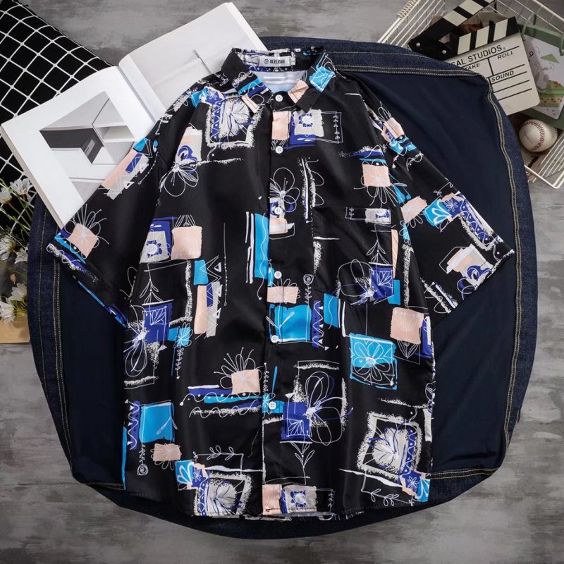 Men Short Sleeves T-shirt Summer Thin Trendy Printing Lapel Cardigan Tops Loose Casual Beach Shirt For Couple YS042 black L