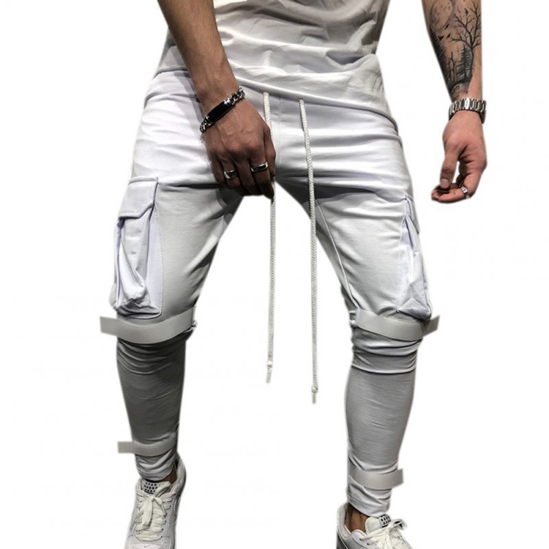 Men Side Pockets Soft Casual Pants with Magic Sticker Outdoor Trousers Gift Fitness Pants white_XL