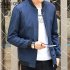 Men Simple Casual Baseball Jacket Solid Color Stand up Collar Coat  blue L