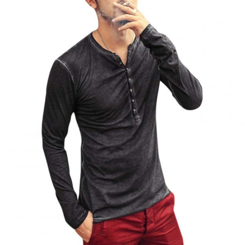 Men Simple Casual Long-Sleeve Slim Henley Shirt Simple Solid Color Button Tops dark gray_XL
