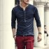 Men Simple Casual Long Sleeve Slim Henley Shirt Simple Solid Color Button Tops Blue M