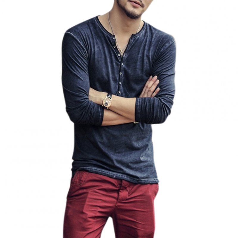 Men Simple Casual Long-Sleeve Slim Henley Shirt Simple Solid Color Button Tops Blue_M