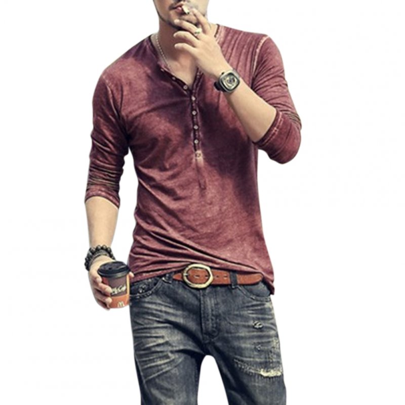 Men Simple Casual Long-Sleeve Slim Henley Shirt Simple Solid Color Button Tops Red wine_L