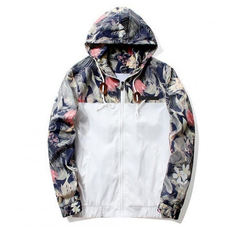 Men Simple Casual Loose Hooded Jacket Camouflage Print Stitching Coat Tops  white_M