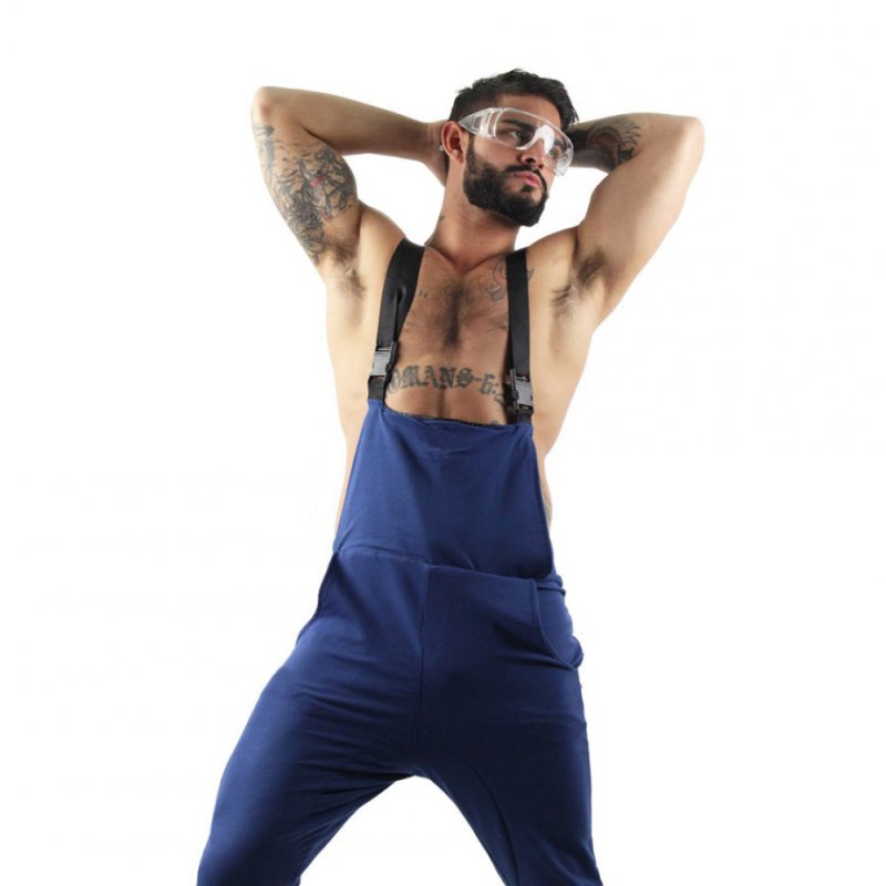Men Slim Cotton Middle Waist Suspender Trousers blue_XXL