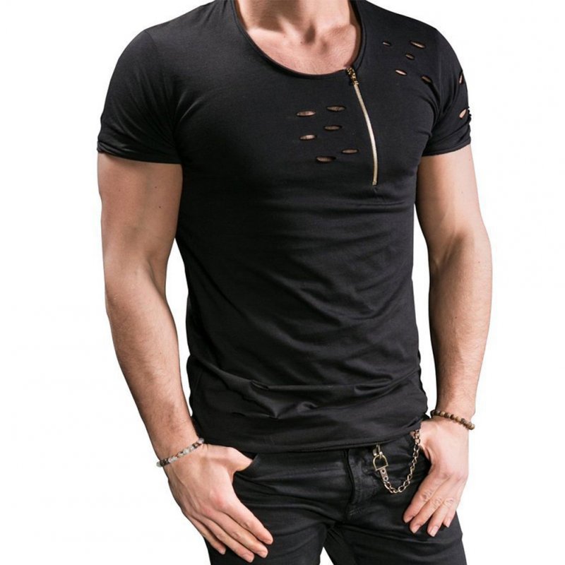 Men Slim Fit O-Neck Ripped Short Sleeve Muscle Tee T-shirt black_L