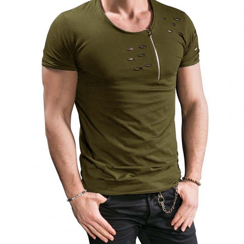 Men Slim Fit O-Neck Ripped Short Sleeve Muscle Tee T-shirt ArmyGreen_XXL