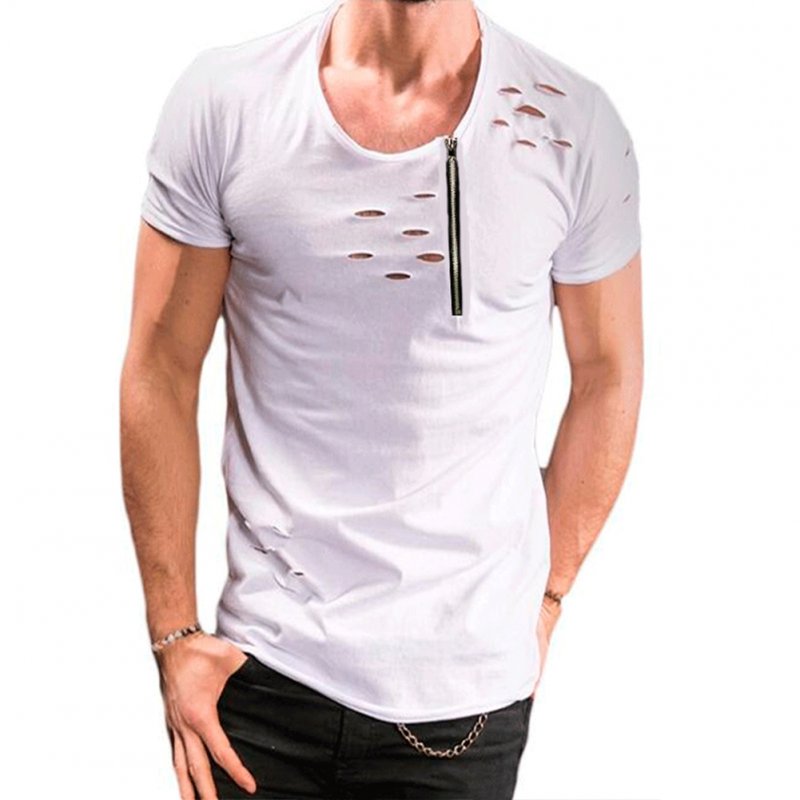 Men Slim Fit O-Neck Ripped Short Sleeve Muscle Tee T-shirt white_M
