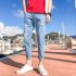 Men Slim Fit Stretch Handsome Ripped Casual Pants Young Jeans 035 light blue jeans 27