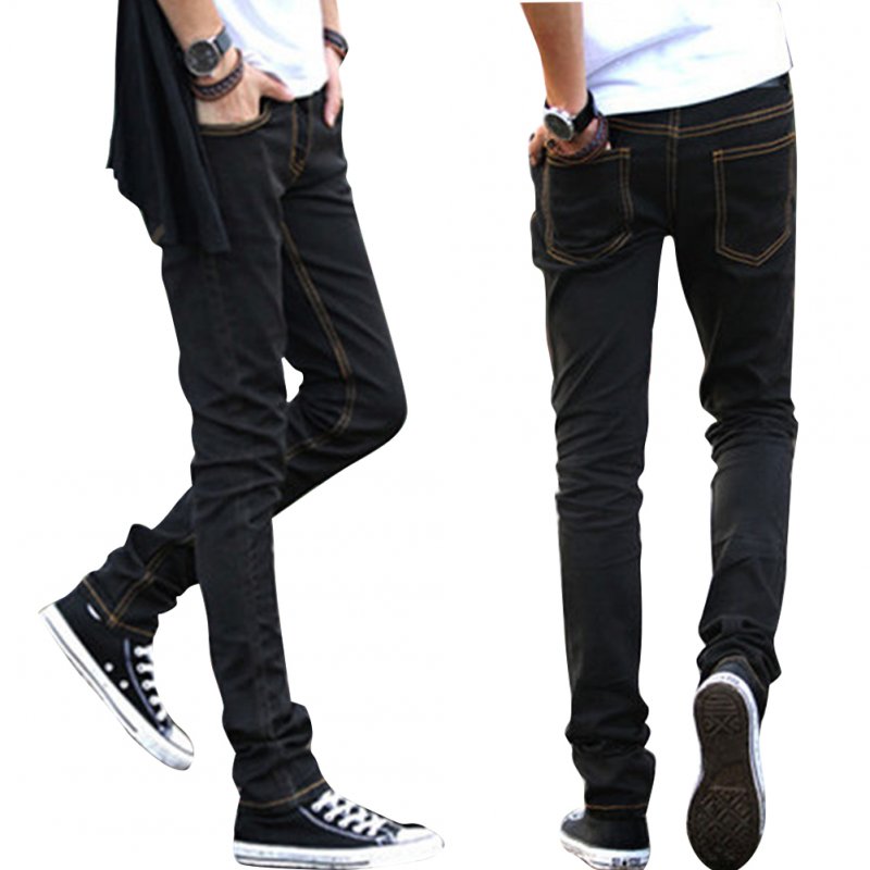 Men Slim Jeans Small Trouser Legs Medium Waist Elastic Jeans Yellow line black cloth pants_L=29