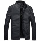 Men Slim Standing Collar PU Jacket Outdoor Casual Thicken Zipper Coat Tops black L