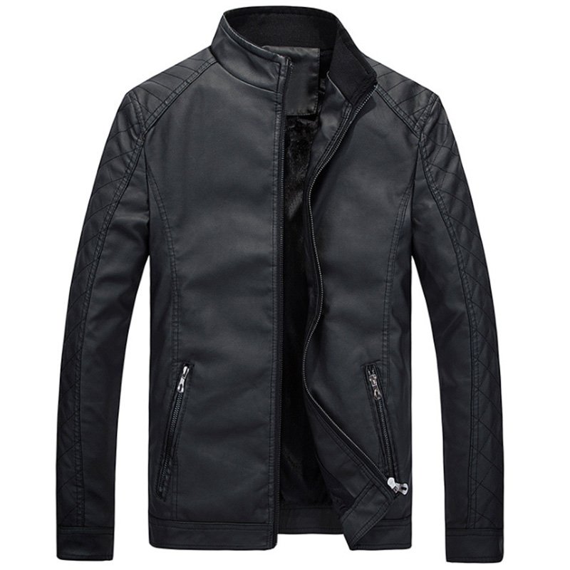 Men Slim Standing Collar PU Jacket Outdoor Casual Thicken Zipper Coat Tops black_L