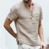 Men Solid Color Linen Cotton Shirt Short Sleeve Breathable Fashion T shirt Beige L