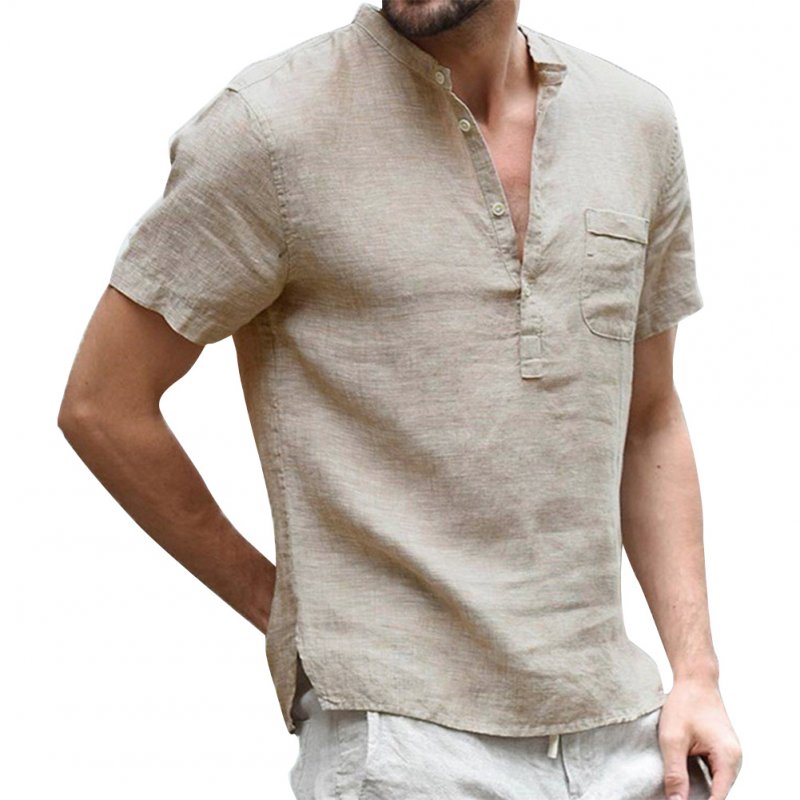 Men Solid Color Linen Cotton Shirt Short Sleeve Breathable Fashion T-shirt Beige_L