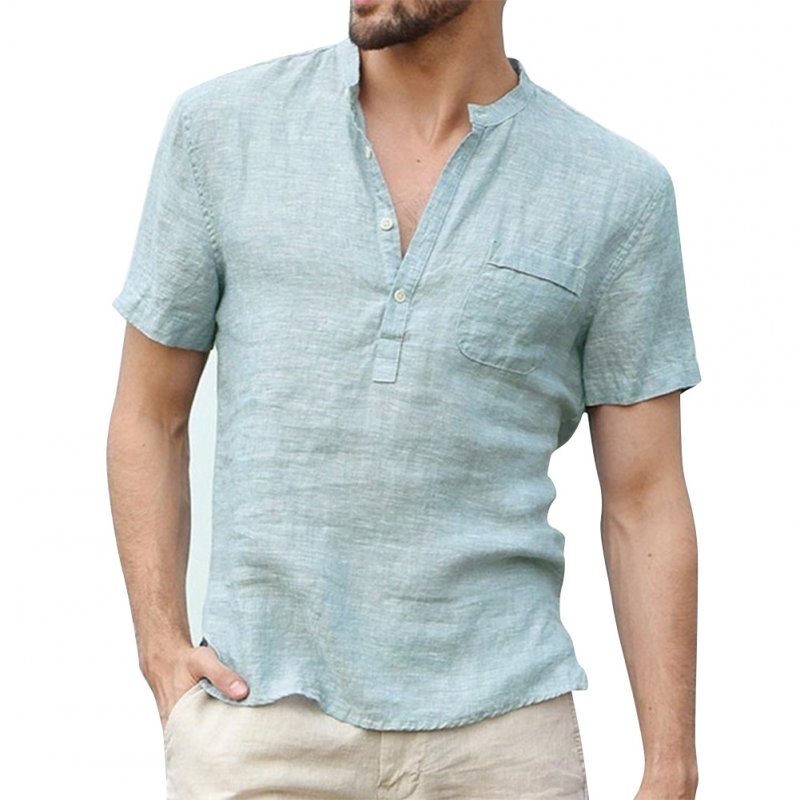 Wholesale Men Solid Color Linen Cotton Shirt Short Sleeve Breathable Fashion T-shirt Light blue ...