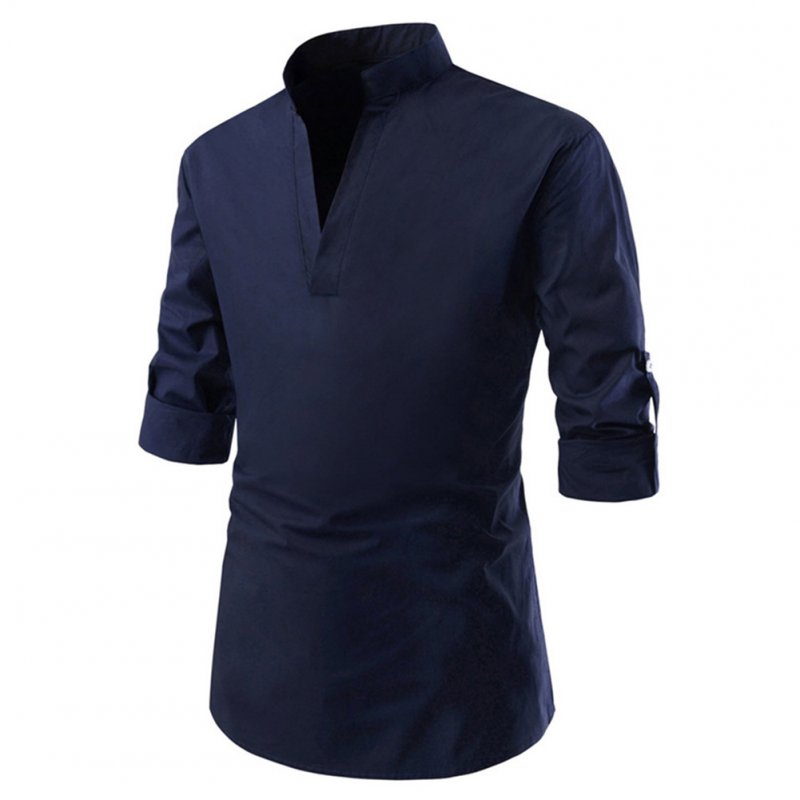 Men Solid Color Pullover Stand Collar Long Sleeve Casual Shirt Navy_XL