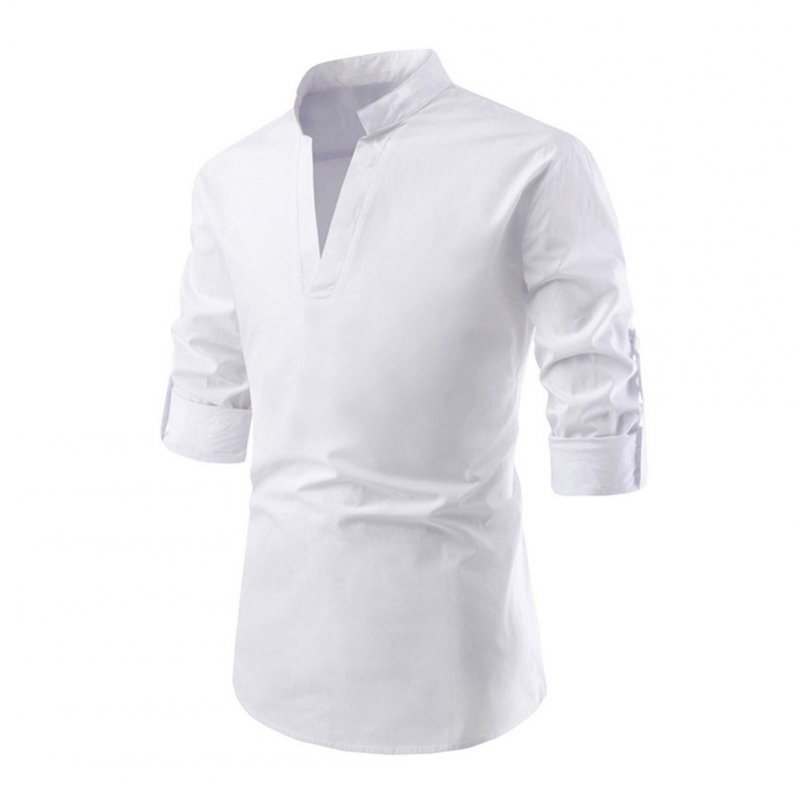 Men Solid Color Pullover Stand Collar Long Sleeve Casual Shirt white_XL