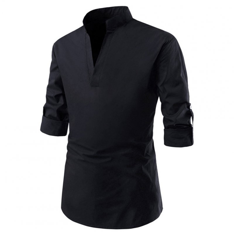 Men Solid Color Pullover Stand Collar Long Sleeve Casual Shirt black_XL