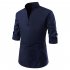 Men Solid Color Pullover Stand Collar Long Sleeve Casual Shirt Navy XXL