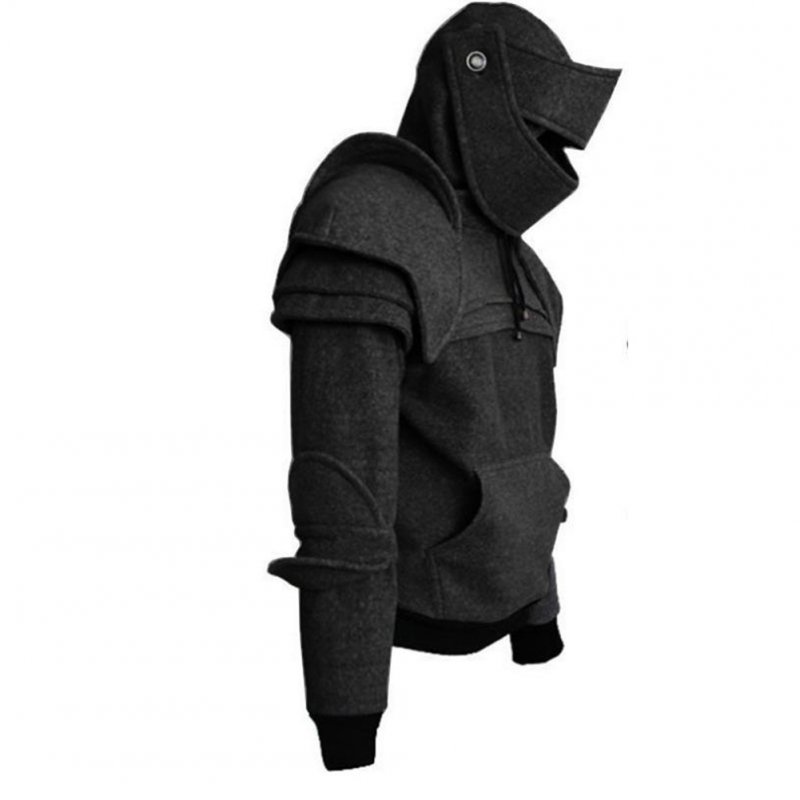 Men Solid Color Retro Elbow Drawstring Mask Knight Sweater  black_L