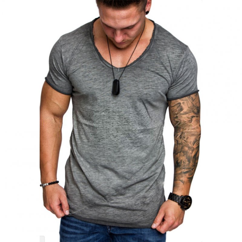 Men Solid Color Round Collar Slim Short Sleeve T Shirt  gray_L