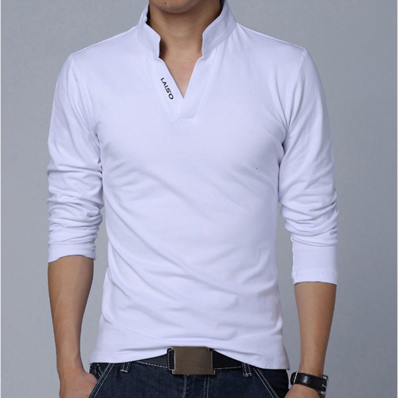 Men Solid Color V Neck Long Sleeve Leisure T-shirt white_L