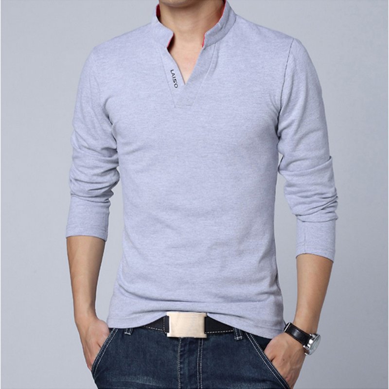 Men Solid Color V Neck Long Sleeve Leisure T-shirt gray_L