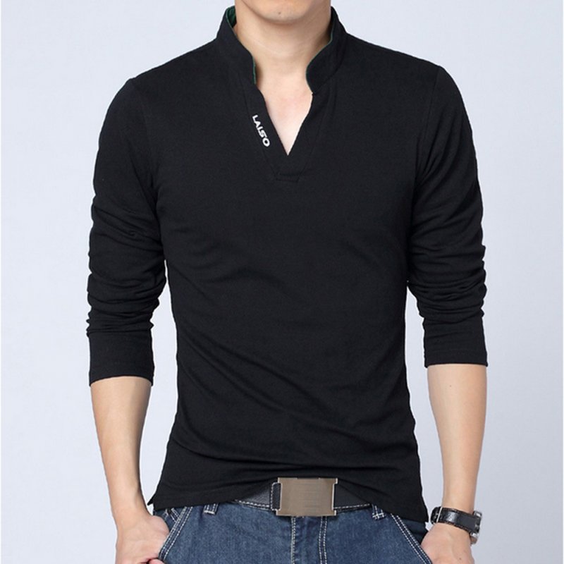 Men Solid Color V Neck Long Sleeve Leisure T-shirt black_M