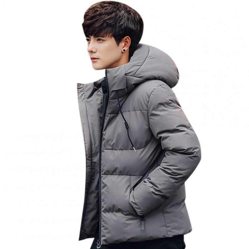 Men Solid Color Winter Coat Hooded Short Thicken Winter Warm Coat Cotton Jacket Dark gray_XXL