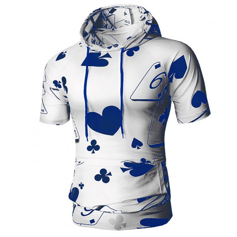Men Spring And Autumn Playing Card Printing Simple Fashion Short Sleeve Hooded Shirt T-shirt blue_L