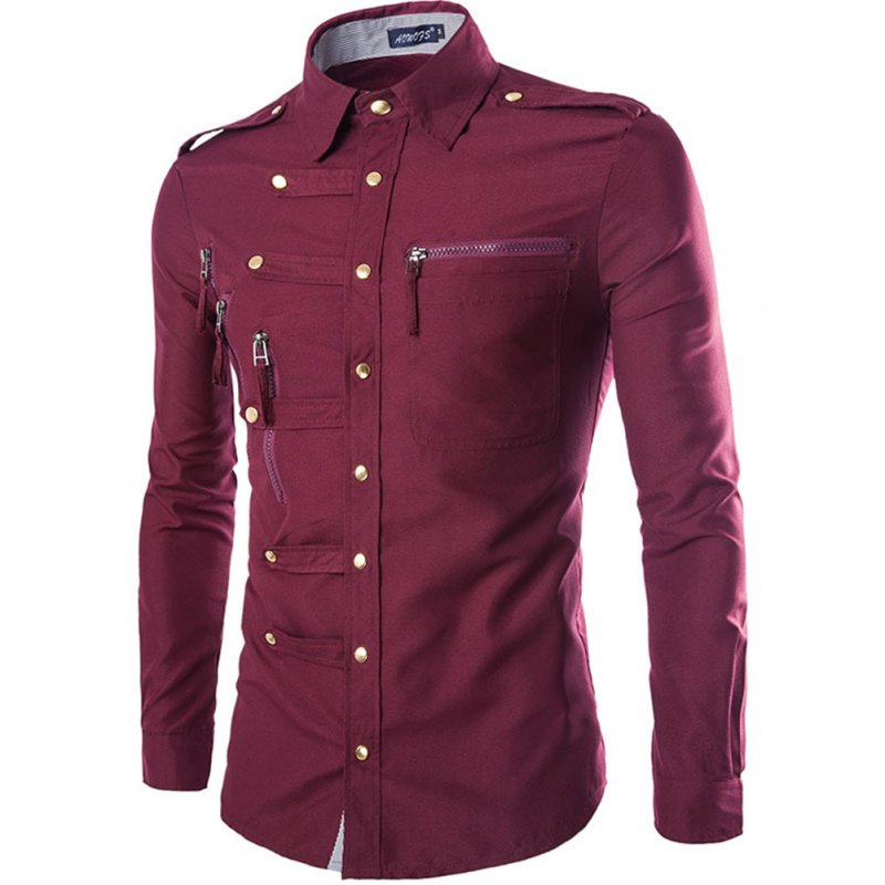 Men Spring And Autumn Retro Simple Fashion Long Sleeve Shirt Tops Red wine_XL