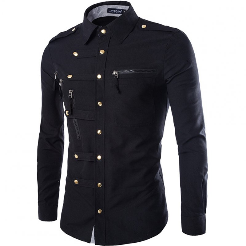 Men Spring And Autumn Retro Simple Fashion Long Sleeve Shirt Tops Navy_L