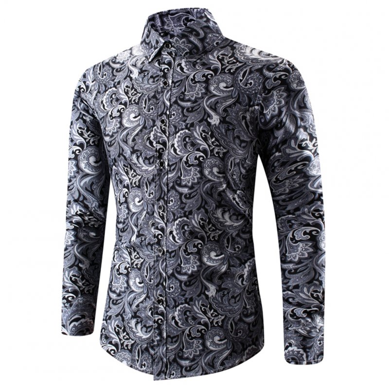 Men Spring And Autumn Simple Fashion Print Long Sleeve Shirt Tops black_XXL
