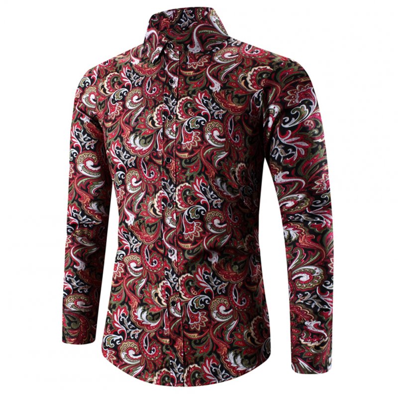 Men Spring And Autumn Simple Fashion Print Long Sleeve Shirt Tops red_XXL