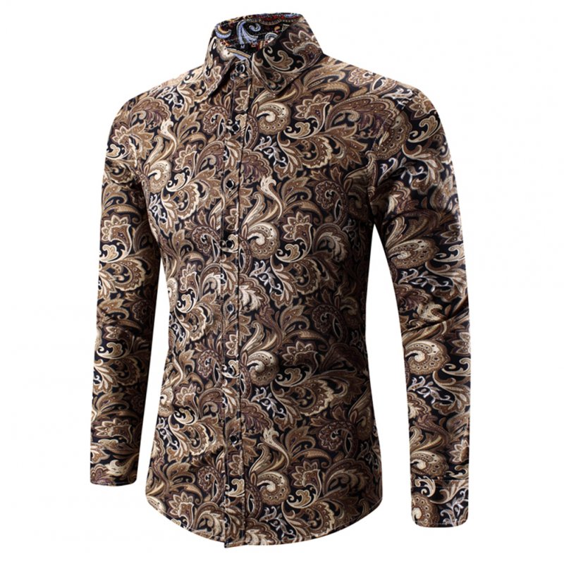 Men Spring And Autumn Simple Fashion Print Long Sleeve Shirt Tops Golden_XL