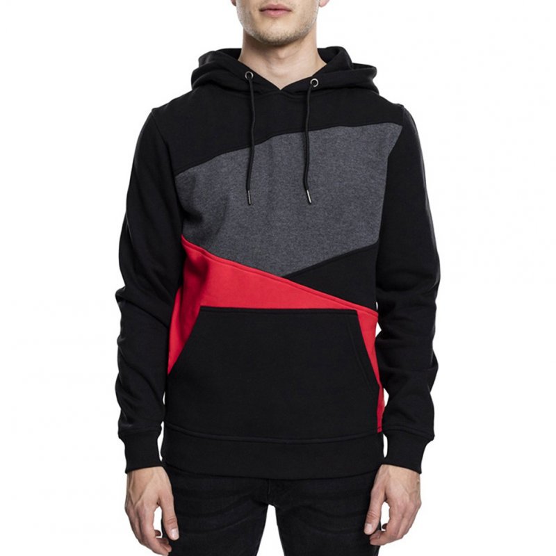 Men Spring Autumn Sweatshirt Color Matching Hooded Cotton Blend Pullover Clothes Black gray red_2XL