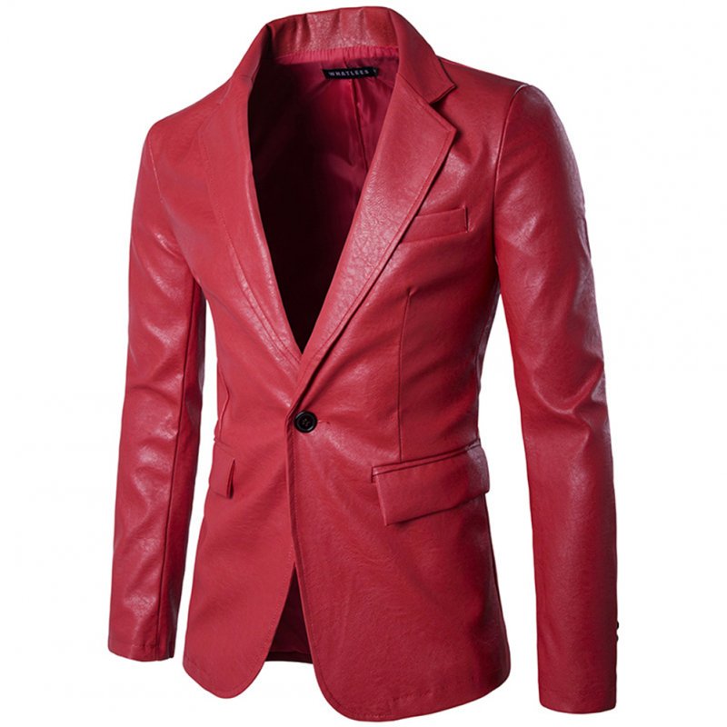 Men Spring Solid Color Slim PU Leather Fashion Single Row One Button Suit Coat Tops red_M